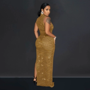 Detail of wave-patterned gold sequins and shimmering texture on a sleeveless maxi dress