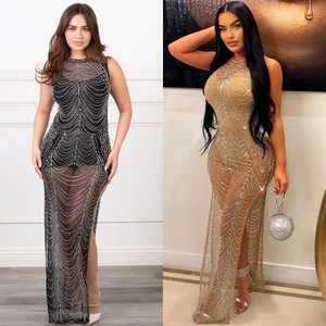 Women's Elegant Rhinestone Mesh Sleeveless Maxi Dress Sexy Perspective High Slit Banquet Evening Dress For Party Prom