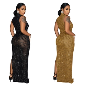 Elegant sleeveless mesh maxi dress with sparkling rhinestones and a high neck design