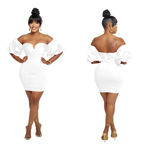 Detail of white off-shoulder bodycon mini dress with puff sleeves and back zipper