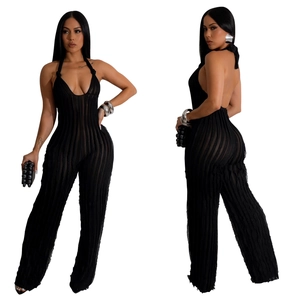 Detail of sheer black halter jumpsuit with deep V-neck and vertical striped texture
