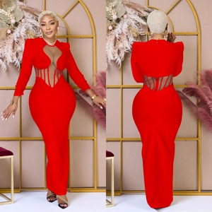 Elegant red long-sleeve maxi dress with sheer mesh cutouts and slimming bodycon silhouette