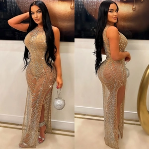 Elegant sleeveless mesh maxi dress with silver rhinestones and a high side slit