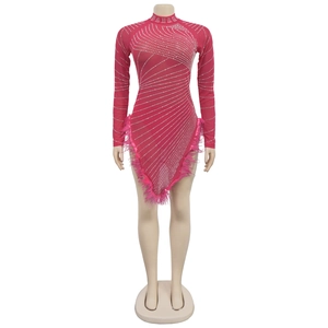 Detail view of rose red mesh mini dress with sparkling silver rhinestones and feather trim