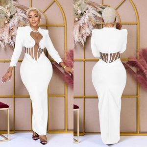 Elegant white long sleeve maxi dress with mesh cutouts for formal evening wear