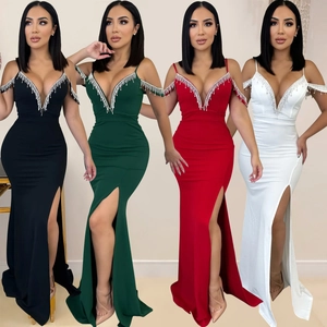 Robe de Soirée Élégante pour Femmes avec Franges en Strass Bretelles Spaghetti Sexy Fente Haute Sirène Longue Formelle Fête