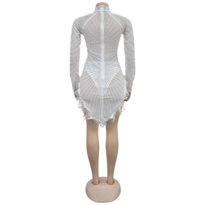 Detail of white mesh mini dress featuring silver rhinestones and premium feather hemline