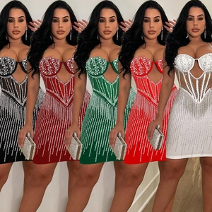 Robe Mini Sexy à Bretelles avec Strass Maille Découpe Moulante Robe de Soirée pour Femmes Élégante Sans Manches Banquet Robe Courte