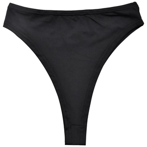 Vue détaillée d'un string noir taille haute pour femme avec un tissu lisse soigné