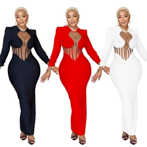 Detailed comparison of sheer mesh dresses in black, red, and white with waist cutouts