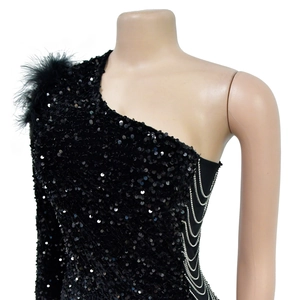 Detail of one-shoulder sequin dress with black feather trim and silver chain fringe