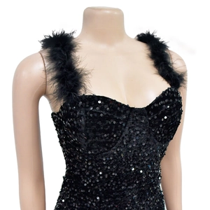 Close-up of black sequined party dress featuring plush feather straps and sweetheart neckline