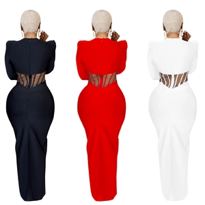 Women's slim fit mesh maxi dress in black, red, and white with back cutout detail