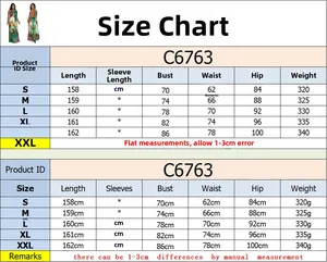 Size chart for halter backless maxi dress with green abstract geometric print details