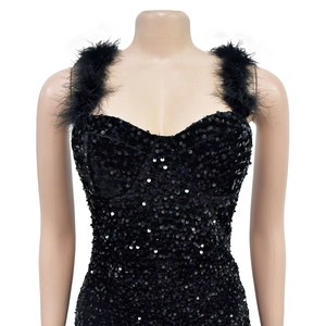 Detail of black sequined dress with plush feather straps and sweetheart neckline design