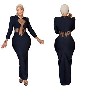 Front and back detail of black long sleeve bodycon dress with mesh cut-out panels