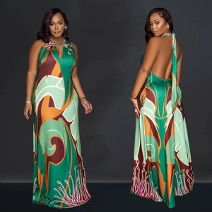 Women Sexy Halter Neck Backless Maxi Dress Tropical Abstract Print Deep V Neck Sleeveless Bohemian A-Line Party Long Dress