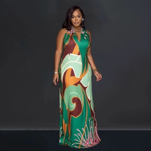 Elegant backless halter maxi dress with vibrant abstract green and orange prints