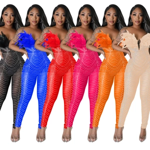 Detailansicht von Strass-Mesh-Jumpsuits mit Federbesatz in mehreren lebendigen Farben