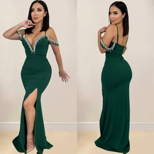 Robe de soirée élégante vert foncé sirène avec franges de diamants et fente haute