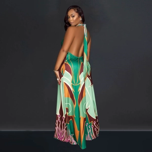 Women's sexy halter backless maxi dress with vibrant green geometric floral print