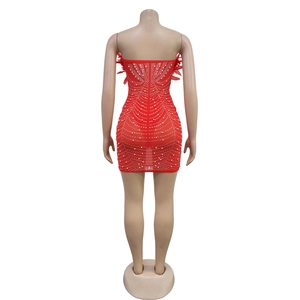 Detail of red tube dress back featuring luxury rhinestones, pearls and feather accents