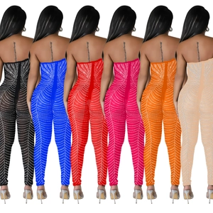 Sexueller Strass-Mesh-Trägerloser Jumpsuit für Damen in sechs knalligen Partyfarben