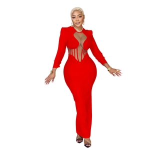Detail of red mesh long sleeve dress with sexy cut-out design and sheer mesh paneling