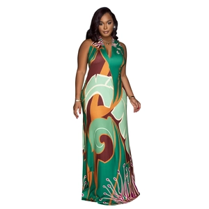 Bohemian backless halter maxi dress with abstract colorful print and deep V-neck style