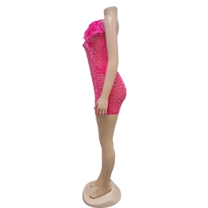 Detail of hot-pink feather neckline and silver sequined mesh on a tight party dress