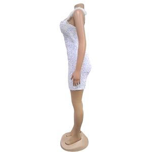 Detail of white sequined dress featuring feather neckline and sparkling sleeveless finish