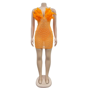 Detail of orange mesh dress featuring intricate pearl beading and ostrich feather trim