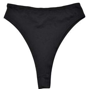 Detailed top view of black high-waisted bikini bottoms with elastic mesh fabric