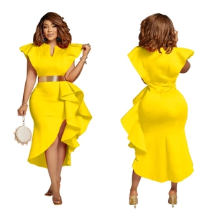 Front and back view of a yellow V-neck dress with ruffles and a gold mirrored belt