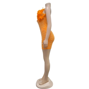 Close-up of orange mini dress featuring feather neckline and sparkling rhinestone stripes