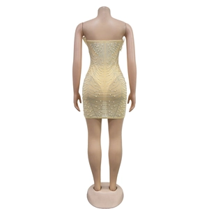 Detail of champagne mesh mini dress with intricate pearl and rhinestone embroidery