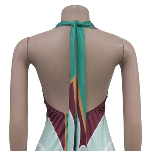 Detail of backless halter dress showing lace-up straps and colorful geometric patterns