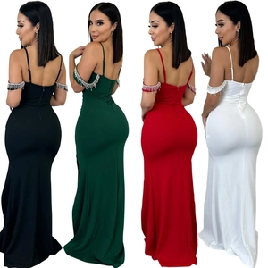 Robe longue moulante sans manches avec franges en strass en quatre couleurs vives