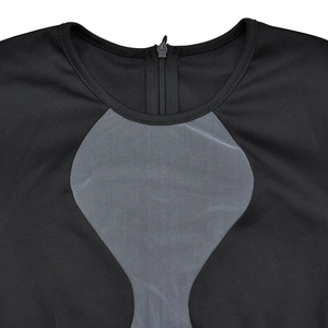 Detail of round neck black top with center zipper and semi-transparent mesh panels