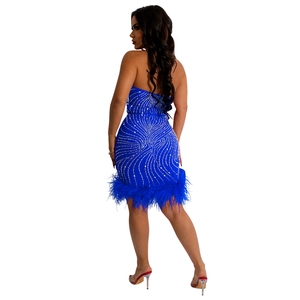 Détail d'une robe courte bleu roi avec strass argentés et ourlet en plumes d'autruche