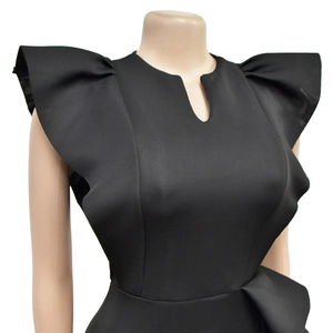 Detail of ruffled sleeves and small V-neckline on a black fitted cocktail dress