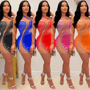Women Sexy One Shoulder Rhinestone Mesh Patchwork Bodycon Mini Dress Sleeveless Cut Out Elegant Evening Club Party Dress