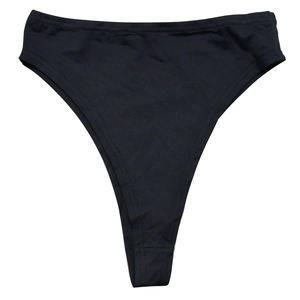 Detailed view of black high-waisted bikini bottoms with high-cut design on white background