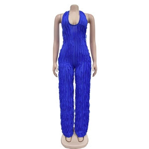 Close-up of blue halter neck jumpsuit with pleated ruffles and deep V-neckline details