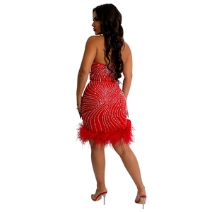 Vue détaillée du dos d'une mini robe rouge à strass avec plumes et dos nu élégant