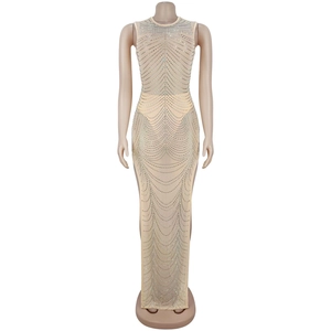 Detail of sheer mesh sleeveless maxi dress with shimmering silver rhinestones
