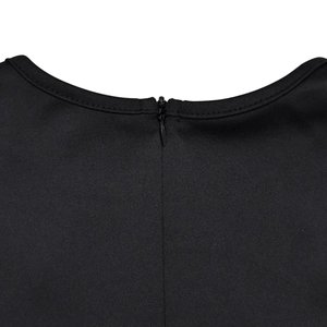 Close-up of a black dress neckline with round neck design and invisible back zipper detail