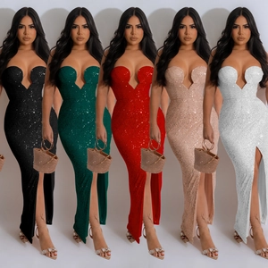 Sexy Deep V-Neck Sequin Backless Maxi Dress For Women Elegant High Slit Sleeveless Bodycon Evening Party Long Dress