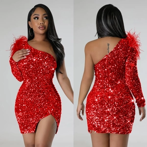 Sexy red sequin one-shoulder dress with feather detail and side slit for party