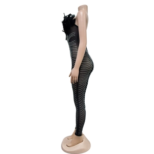 Detail eines schwarzen Mesh-Catsuits mit funkelnden Strasssteinen und Federbesatz am Dekolleté